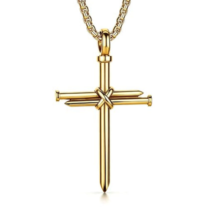 Men's Nail Cross Crucifix Necklace, Stainless Steel Nail Cross Pendant with 24 Inch Box Chain, Silver/Gold/Black Religious Christian Jewelry Gift for Baptism Father's Day Birthday - color: Gold