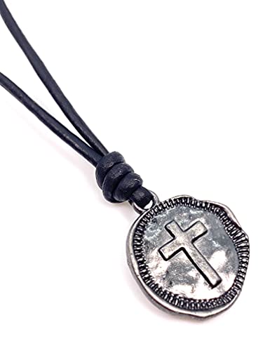 Cross Necklace Mens - Men Cross Coin, Religious Pendant, Medallion Necklaces, Christmas Gift, Catholic Pendant, Christian Charms, Women Gifts to Husband, Cute Crosses - color: Gunmetal, style: Black Leather
