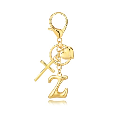 Initial Bag Charms Keychains Women, Cross Cute Heart Letter Key Chain Purse Backpack Handbags Keychain Christian Gift - color: Gold Z