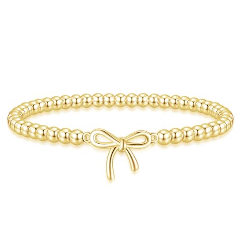 Beaded Bracelets for Women 14K Silver Gold Plated Stretch Handmade Ball Bracelets Cute Charm Bracelet Dainty Stackable Cross Heart Bow Wave CZ Circle Trendy Jewelry Easter Gifts - color: Gold-7