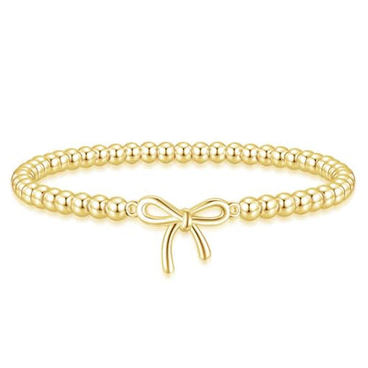 Beaded Bracelets for Women 14K Silver Gold Plated Stretch Handmade Ball Bracelets Cute Charm Bracelet Dainty Stackable Cross Heart Bow Wave CZ Circle Trendy Jewelry Easter Gifts - color: Gold-7