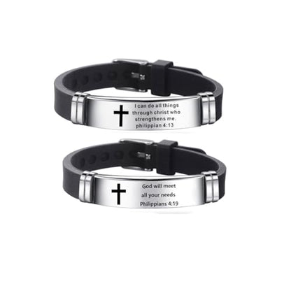 2Pcs Inspirational Quote Cross Bracelets Faith Christian Bible Verse Silicone ID Wristband Religious Bracelet Set Gift for Men Women - style: BR013/015