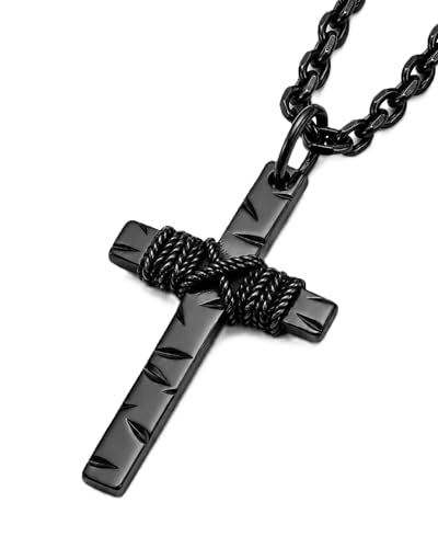 Cross Necklace for Men & Women, Braided Rope Detail - color: High Polished Black