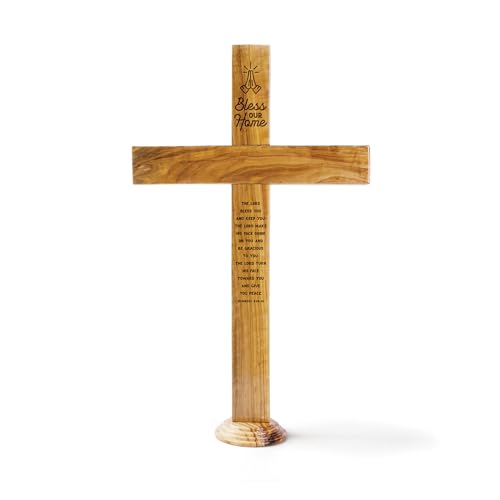 Bless Our Home Memorial Cross Stand for Desk - Genuine Handcrafted Olive Wood Large Wooden Cross From the Holy Land, Engraved Tabletop Cross Statue, Keepsake Religious Gifts for Loss of Loved One - color: Bless Our Home
