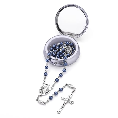 Guadalupe Rosary Beads for Women with Metal Box and 18pcs Holy - color: -Blue