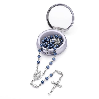 Guadalupe Rosary Beads for Women with Metal Box and 18pcs Holy - color: -Blue