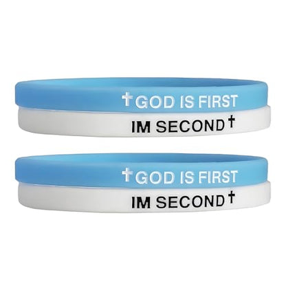 LIU JUN God Is First Bracelet, GOD IS FIRST IM SECOND Christian Rubber Bracelets Inspirational Engraved Bible Verses Cross Silicone Bracelet For Women Men Faith Gifts - color: 2pcs blue-white