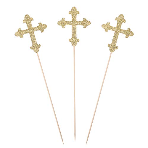 Gold Glitter Cross Centerpiece Sticks for Baptism Christening Party Decorations - Set of 10 - color: Gold