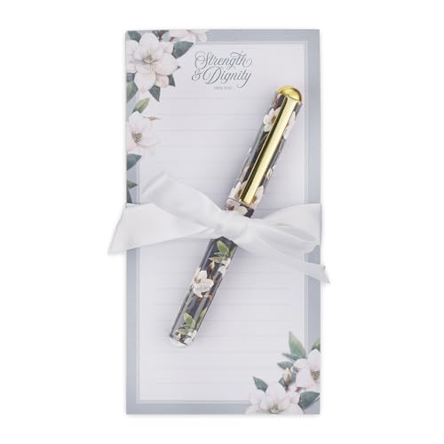 Christian Art Gifts Magnetic Notepad & Pen Set for Women, Strength &Dignity - color: White & Teal Floral/Strength & Dignity