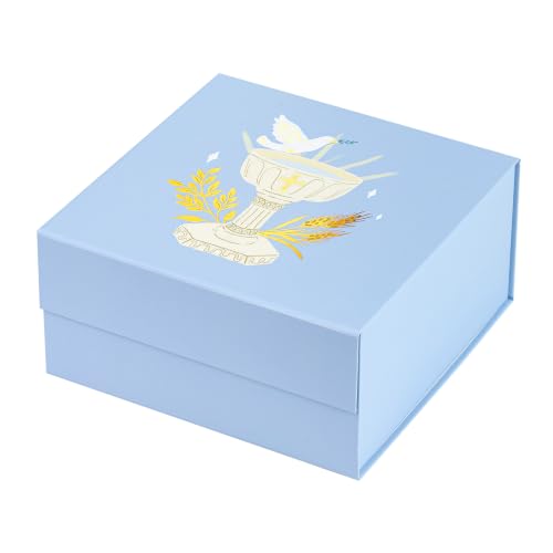 RUSPEPA Blue Religious Gift Box with Magnetic Closure Lid, Gold Foil Chalice, Cross & Dove Design Collapsible Decorative Box for Baby Boy, Baptism, First Communion, Easter, 8 x 8 x 4 Inches, 1 Pcs - color: Blue Gold Foil Chalice