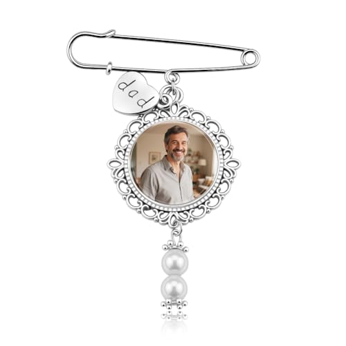 Wedding Double Picture Frame Brooch for Bride Grooms Boutonniece Pin for Wedding Bouquet - color: Dad