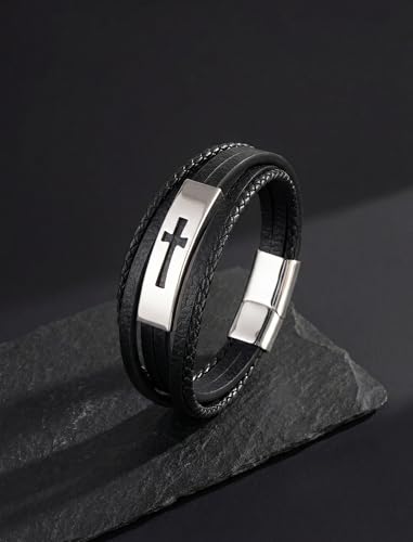 Mens Leather Cross Bracelet Multilayer Braided Wristband Bangle Bracelets with Stainless Steel Buckle Religious Gift for Men Brown/Black/Blue–8.3 inch - color: Style3, size: 8.3in(Fits most wrists)
