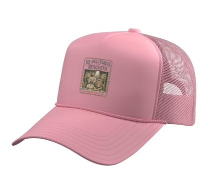 He Delivers and Rescues Daniel 6:27 Bible Verse Christian Trucker Hat with Adjustable Mesh Back - color: Pink
