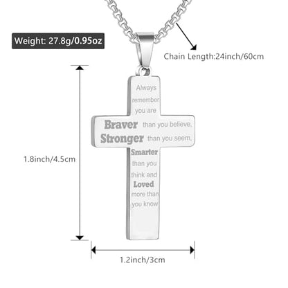 RWQIAN American Flag Cross Necklace for Men Bible Verse, Christian Religious Scriptures Faith Baptism 1st First Communion Pendant Chain for Boys, Fathers Dad Day Graduation Jewelry Gifts for Him - color: Silver, style: Always Remember