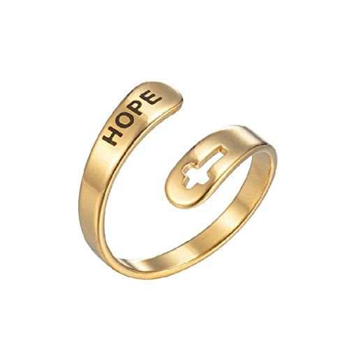 Caiyao Stainless Steel Christian Cross Engraved Love Faith Hope Blessed Ring Polished Opening Adjustable Letter Religious Ring for Women Men Birthday Jewelry Gift - color: F gold hope