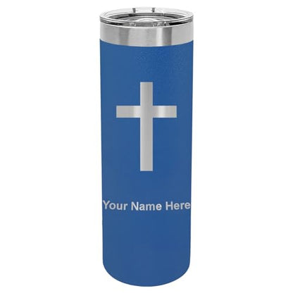 LaserGram Personalized 22oz Skinny Tumbler, Christian Cross (Dark Blue) - color: Dark Blue