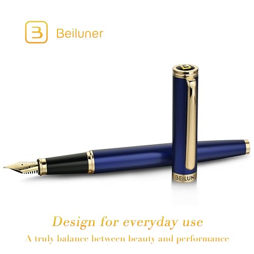 BEILUNER Blue Fountain Pen,Stunning Luxury Pens with 24K Gold Finish, Gorgeous 24K Gilded Nib(Medium), Fancy Pen Gift for Men&Women -Ink Converter-Elegant, Reliable,Nice Pen for Writing - color: Blue&Gold, style: Medium Nib