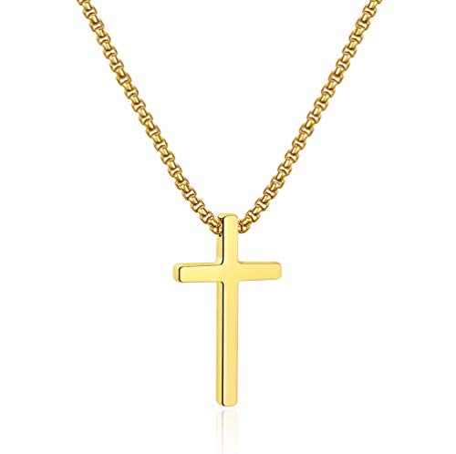 Ursteel Cross Necklace for Men, Silver Black Gold Stainless Steel Cross Pendant Necklace for Men, 16-30 Inches Box Chain - size: 22 inches, style: Gold: Cross Pendant 1.2"*0.7"