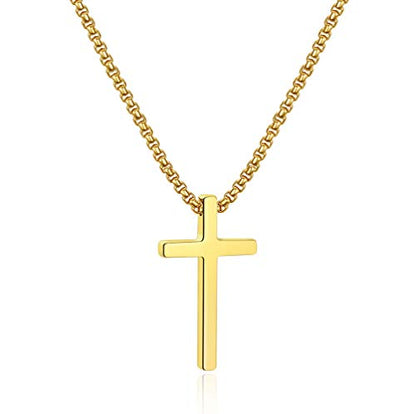 Ursteel Cross Necklace for Men, Silver Black Gold Stainless Steel Cross Pendant Necklace for Men, 16-30 Inches Box Chain - size: 22 inches, style: Gold: Cross Pendant 1.2"*0.7"