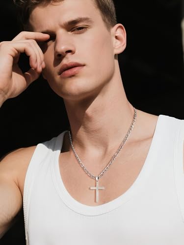 NORBU Stainless Steel Cross Necklace and Bracelet Set for Men, Cuban Link - color: Silver Figaro