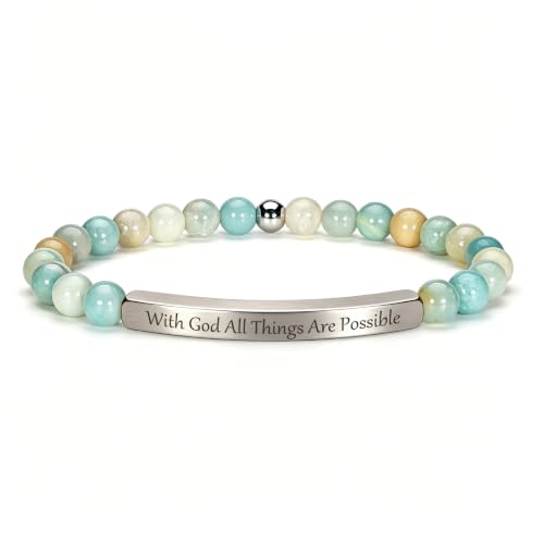Inspirational Christian Bracelet for Women, 18K Gold Plated Bible Verse Jewelry with Amazonite Beads, Religious Faith Gift for Mom, Daughter, Sister, Friend - color: With God all things are possible-Amazonite Silver