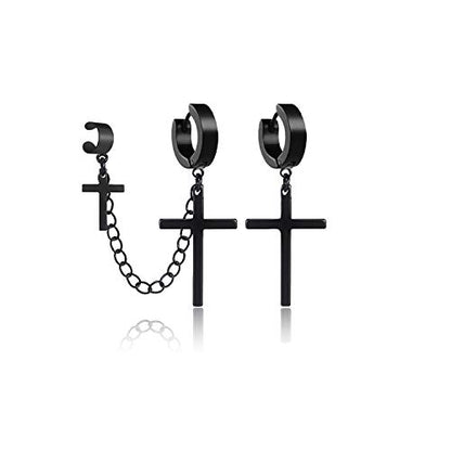 Unisex Punk Hip Hop Stainless Steel Silver Black Gold Tone Lock Thunder Lightning Bolt Dangle Huggie Hoop Earrings Gift for Women Men Boy Teens - color: Black-Asymmetric Cross