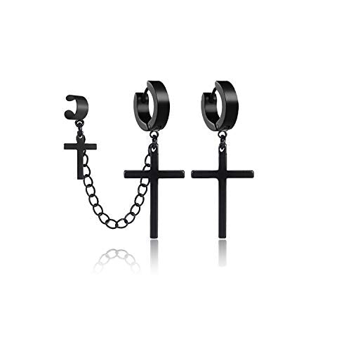 Unisex Punk Hip Hop Stainless Steel Silver Black Gold Tone Lock Thunder Lightning Bolt Dangle Huggie Hoop Earrings Gift for Women Men Boy Teens - color: Black-Asymmetric Cross