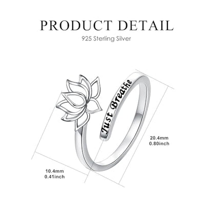 ROMANTICWORK Just Breathe Ring 925 Sterling Silver Cross/Lotus/Dandelion Adjustable Opening Ring Inspirational Jewelry for Women Birthday Christmas Gifts - style: Lotus