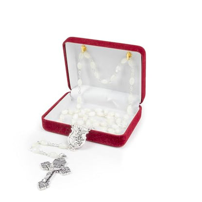 Catholic Rosary For Men & Women - 22.5" Rosary Necklace From The Holy Land Of Jerusalem - Catholic Rosary With Olive Wood & Mother of Pearl Rosary Beads & Crucifix Dangle - color: Saint Michael