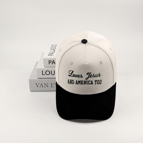 Embroidered Christian Two-Tone Baseball Cap for Men & Women, Adjustable Dad Hat Christmas Easter Gift - color: Loves Jesus and America Too, Black/Beige