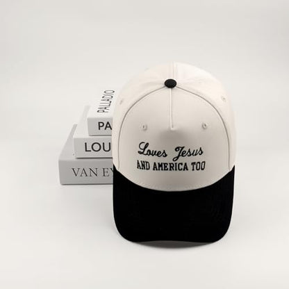 Embroidered Christian Two-Tone Baseball Cap for Men & Women, Adjustable Dad Hat Christmas Easter Gift - color: Loves Jesus and America Too, Black/Beige