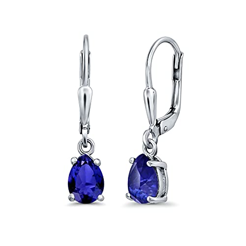 Teardrop Bridal Dangling Leverback Earrings Pear Cubic Zirconia 925 Sterling Silver - color: Simulated Blue Sapphire CZ