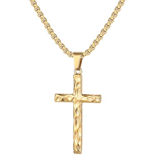 Hammered Stainless Steel Cross Necklace for Men Rustic Christian Faith Jewelry Gift Gold Black Silver Cross Chain for Teens Son Gift 16-24Inches - color: GOLD, size: 24INCH