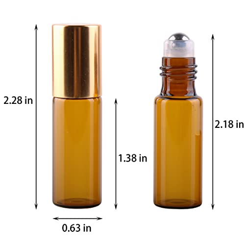 MaxMau Pack of 100,5ml Amber Glass Roller Bottles for Essential Oils Refillable Roll on Bottle with Stainless Steel Roller Balls Golden Cap For Home Travel Aromatherapy - color: Amber Roller Bottles -100 PACK