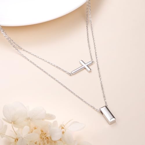 DAOCHONG S925 Sterling Silver Sideways Cross Choker Necklace 14+4 Inch - color: Silver-Layer