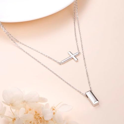 DAOCHONG S925 Sterling Silver Sideways Cross Choker Necklace 14+4 Inch - color: Silver-Layer