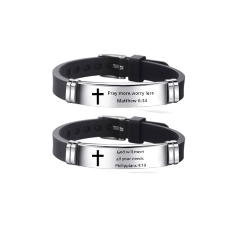 2Pcs Inspirational Quote Cross Bracelets Faith Christian Bible Verse Silicone ID Wristband Religious Bracelet Set Gift for Men Women - style: BR020-2/3