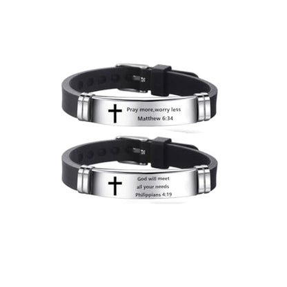 2Pcs Inspirational Quote Cross Bracelets Faith Christian Bible Verse Silicone ID Wristband Religious Bracelet Set Gift for Men Women - style: BR020-2/3
