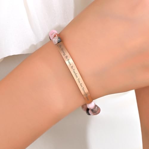 Inspirational Bracelets for Women,18K Gold Plated Christian Bible Verse Faith Jewelry, Religious Jesus Prayer Gift for Mom, Sister, Friend - color: Be strong,Be brave,Be fearless.You are never alone-Pink Zebra Jasper