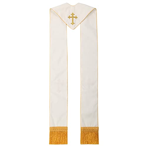 BLESSUME 1PC Clergy Mass Stole Cross Embroidered Wedding Stole - color: White/Gold 2