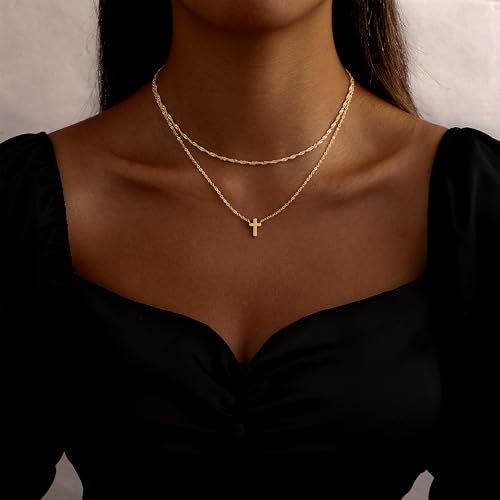 Cross Necklace for Women 14K Gold Silver Plated Small Cross Necklace Dainty Cross Pendant Choker Simple Trendy Cute Sideway Cross Charm Chain Necklaces for Women Trendy Christian Baptism Religious Faith Jewelry Gifts - size: Gold-104
