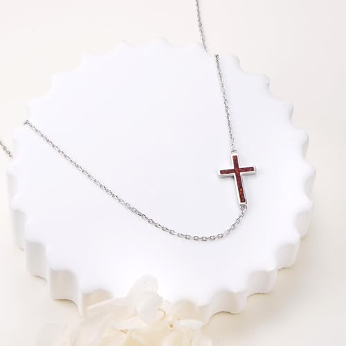 DAOCHONG S925 Sterling Silver Sideways Cross Choker Necklace 14+4 Inch - color: Silver-Created Opal