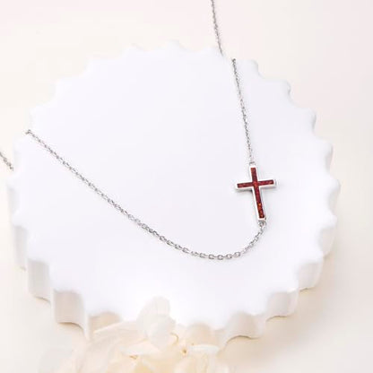 DAOCHONG S925 Sterling Silver Sideways Cross Choker Necklace 14+4 Inch - color: Silver-Created Opal