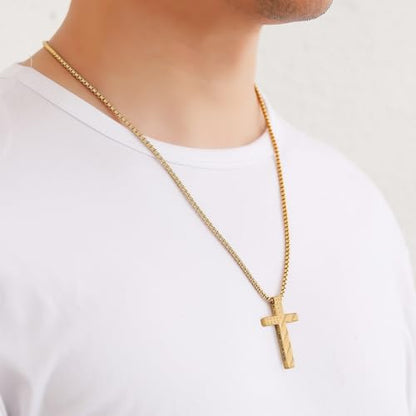 RWQIAN American Flag Cross Necklace for Men,Stainless Steel Bible Verse Cross Pendant Mens Chain,Crucifix Necklace for Christians Teen Baptism Gift Ideas Catholic Men Cool Stuff Personalized Gifts - color: Gold Plated, style: Matthew 28:20