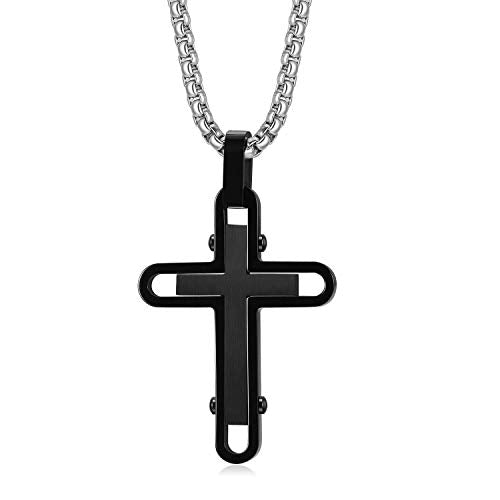 Holizaly Men's Cross Necklace 316L Stainless Steel Pendant White/Gold/Black/Blue Rolo Chain-Gift Box Included - color: Black-A