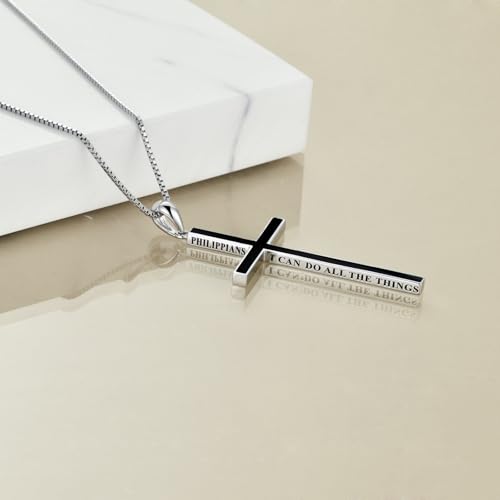 POPLYKE Cross Necklace 925 Sterling Silver Philippians 4:13 I Can Do All The Things Inspirational Necklace Gifts for Women Men 20+2'' - color: Black Onyx
