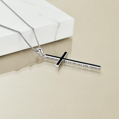 POPLYKE Cross Necklace 925 Sterling Silver Philippians 4:13 I Can Do All The Things Inspirational Necklace Gifts for Women Men 20+2'' - color: Black Onyx