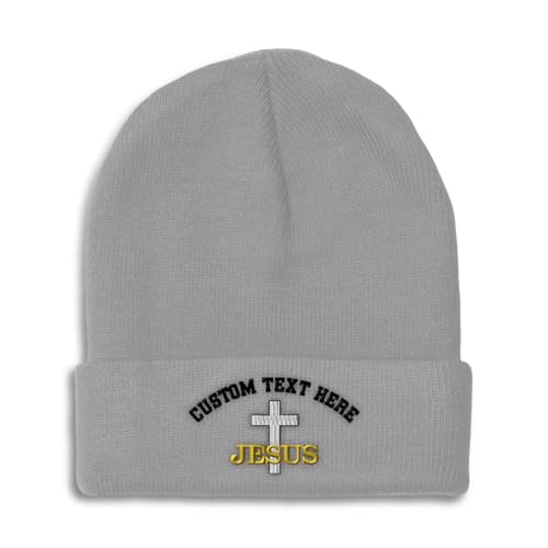 Custom Beanies for Men Christian Cross Jesus Faith Jesus Christ Skull Cap Winter Hats for Women One Size - color: Light Grey Personalized Text Here