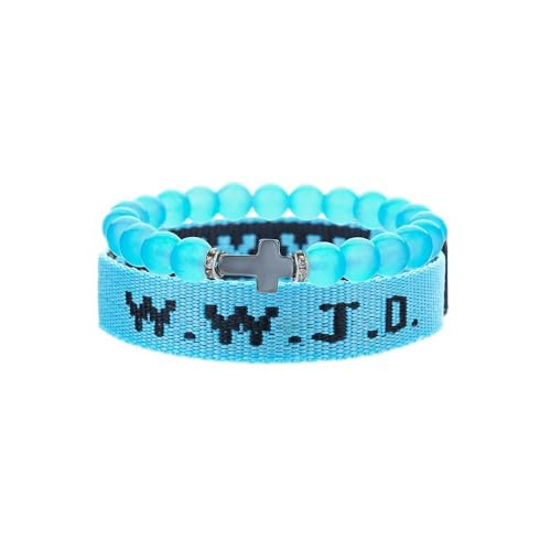 WWJD Bracelets Set WWJD Wristbands Christian Cross Bracelet Stackable Clay Bead Bracelets Stretch Glass Beaded Inspirational Christian Jewelry Gift for Couples Women Men - color: 2 Pcs Blue
