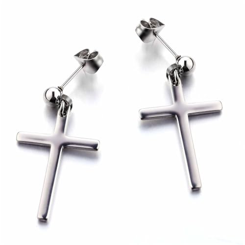 MALOYANVE Stainless Steel Cross Earrings for Men Women Personalized Hypoallergenic Minimalist Black Silver Faith Hanging Crosses Fashion Hope Love Godliness Dangling Drop Earring Jewelry Gifts - color: Silver Cross Stud